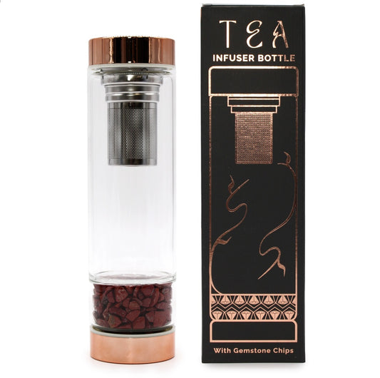 Crystal Glass Tea Infuser Bottle - Rose Gold - Red Jasper